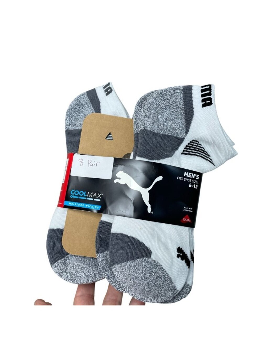 Puma Men's Size 6-12 8-Pair CoolMax Moisture-Wicking Socks White & Gray e1498